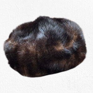 50s Vintage Brown Mink Fur Pillbox Hat Mid-Century Satin Lined Formal Winter Hat